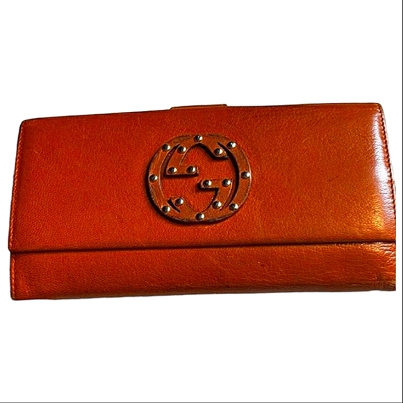 Authentic Gucci Cognac Brown Leather Wallet with Gold Studded Logo EUC - Picture 1 of 13